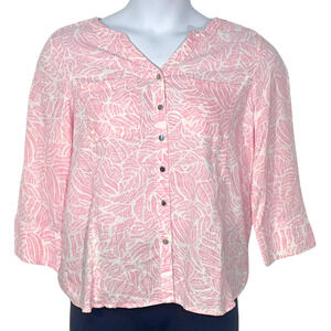 Coral Bay Sz L Tunic Top Split V-Neck 3/4 Sleeve Seashell Print Pink White Linen